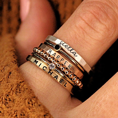 Stackable Name and Birthstone Rings Sterling Silver Mom Ring Etsy