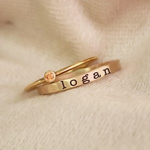 Birthstone Ring Set | Stackable Rings | Mother&#39;s Ring| Yellow Gold Filled Name & Birthstone Rings | 14k Yellow Stacking Rings | Ensley