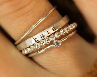 Stackable Rings | Silver Stacked Ring Set | Personalized Jewelry | Name Rings | Mom Rings | Stacking Name Rings | Trendy Jewelry