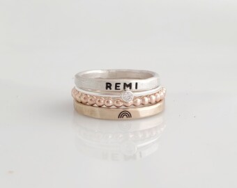 Stackable Name Rings | Name Ring | Ring Set | Mixed Metals Ring Set | Rainbow Symbol | Personalized Jewelry | Skinny Rings  Gift for Her