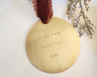 Gold Brass Custom Christmas Ornament | Modern Brushed Brass Ornament | Personalized Stamped Holiday Ornament | Pet Ornament | New Baby