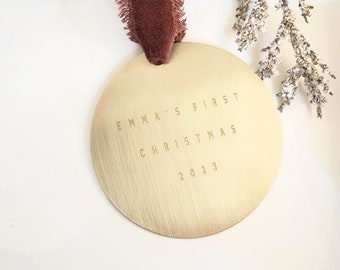 Personalized Brushed Brass Ornament: Engraved Holiday Keepsake, First Christmas | Mother's Day Gift