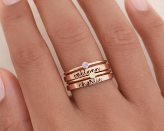 Personalized Birthstone Ring Set, Stackable Name Rings for Mom, Custom Family Jewelry, Birthstone and Name Stackable Rings, Mother's Day