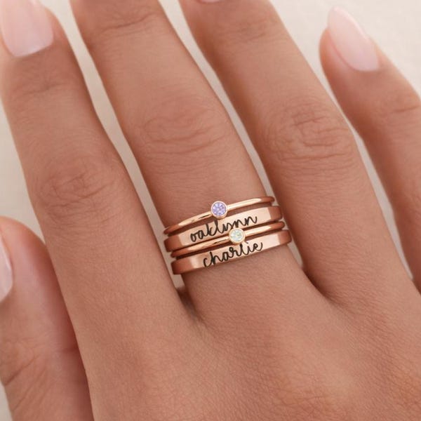 Personalized Birthstone Ring Set, Stackable Name Rings for Mom, Custom Family Jewelry, Birthstone and Name Stackable Rings, Mother's Day