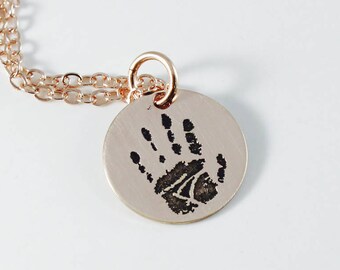 Petite Rose Gold Filled Actual Handprint Necklace | New Mom Necklace | Pink Gold | Minimalist Memorial Necklace