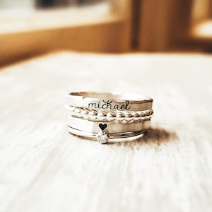 Personalized stackable name rings set, engraved with names, dates, sterling silver, gold filled, birthstone, gift for her, Mother's Day