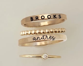 Ring Set Gift for Mom | Stackable Rings | Personalized Name Rings | 14k Gold Filled Name Ring Set | Stacking Rings | Children Names Jewelry