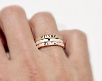Personalisierte, stapelbare Namensringe aus verschiedenen Metallen, Feinsilber, graviert mit Namen und Daten, Schmuck für Mütter, Stapelringe, Muttertagsgeschenk