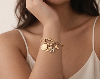 Gold Charm Bracelet with Carabiner Clasp, Customizable Paperclip Design