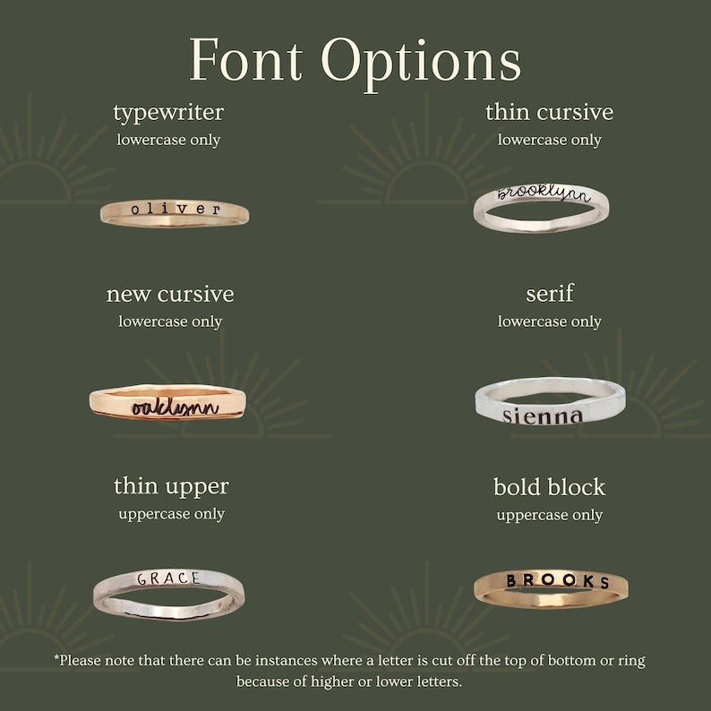 May include: A graphic showing different font styles for personalized rings. The styles include typewriter, thin cursive, new cursive, serif, thin upper, and bold block. Each style is shown with a sample name.