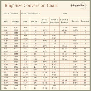A ring size conversion chart table listing measurements in millimeters and inches alongside US, British, French, German, and Japanese sizes.
