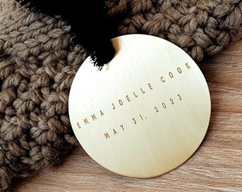 Brass Ornament, 3-Inch Brushed Baby Keepsake with Velvet Ribbon