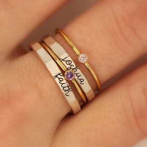 Name Ring Set, Cursive Fine Silver Bands with 14K Gold-Filled CZ Birthstones