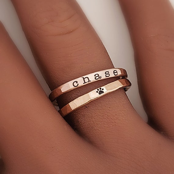 Personalized Paw Print Ring Set | Pet Memorial Jewelry for Dog & Cat Lovers | Custom Engraved Pet Gift for Mom or Bereavement
