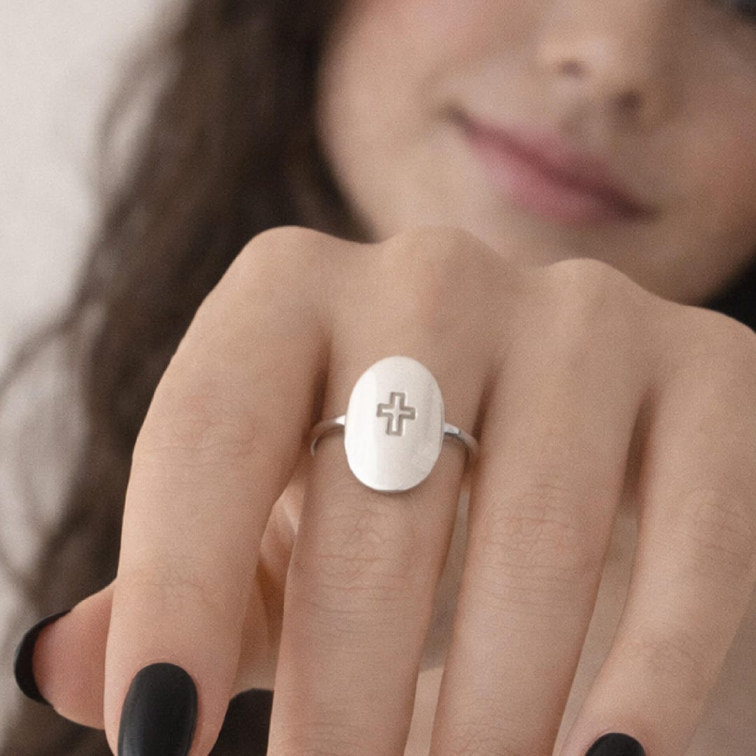Personalized Oval Cross Ring – Name or Date Ring, Baptism Gift ...