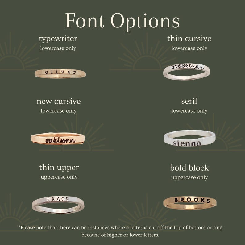 An informational graphic displaying six font options for ring engraving labeled typewriter, thin cursive, new cursive, serif, thin upper, and bold block.