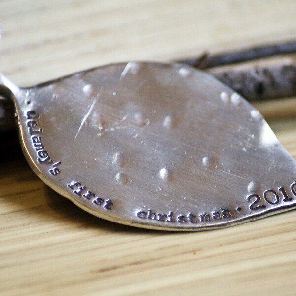 Handstamped Pewter Leaf Ornament by tagyoureitjewelry on etsy