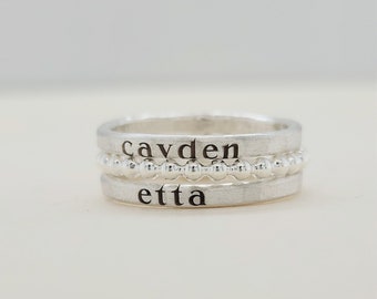 Two Name Ring Set | Silver Name Ring Stacking Set | Rings Kids Names | Mothers Day Gift | New Mom Gift | Stackable Name Rings | the Blake