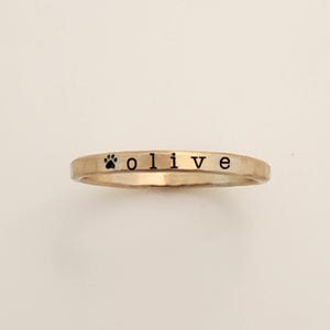 Dog Memorial Ring, Paw Print Engraving in Fine Silver or 14K Yellow Gold Filled