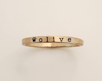 Dog Memorial Ring, Paw Print Engraving in Fine Silver or 14K Yellow Gold Filled