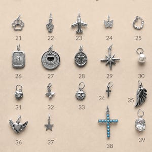 May include: A collection of silver-toned metal charms arranged in a grid, each labeled with a number. The charms include shapes such as a paw print, musical note, airplane, butterfly, horseshoe, heart, cross, star, sun, wing, and a cross with blue stones.