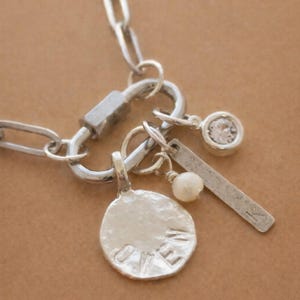 Silver Carabiner Necklace with Personalized Charms, Birthstone Jewelry, Stainless Steel Paperclip Chain, Hand Stamped Initial and Name