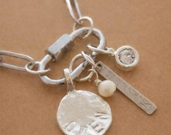 Silver Carabiner Necklace with Personalized Charms, Birthstone Jewelry, Stainless Steel Paperclip Chain, Hand Stamped Initial and Name