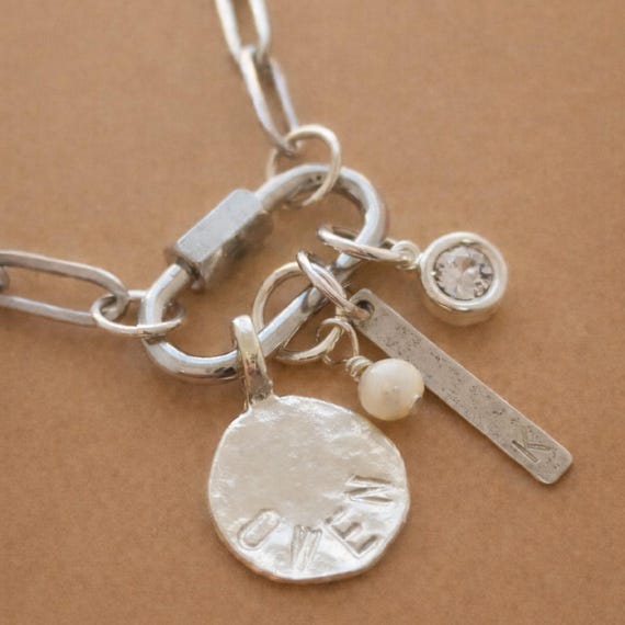 Silver Carabiner Necklace with Personalized Charms, Birthstone Jewelry, Stainless Steel Paperclip Chain, Hand Stamped Initial and Name