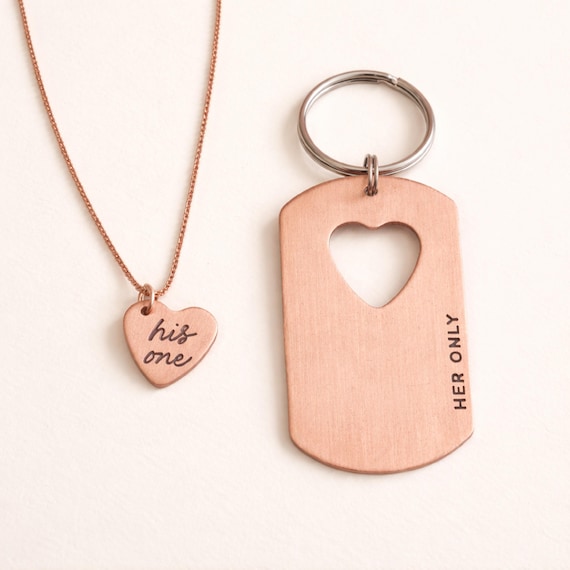 Her One His Only Dog Tag | Heart Cut-Out Necklace | Handstamped Necklace | Copper Dog Tag | Mother's Day Gift