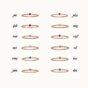 An informational graphic showing twelve birthstone ring options labeled by month from January through December.