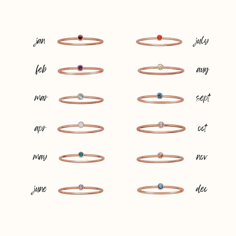 An informational graphic showing twelve birthstone ring options labeled by month from January through December.