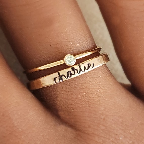 Stacking Name Ring Cursive Birthstone Ring Handmade Mom