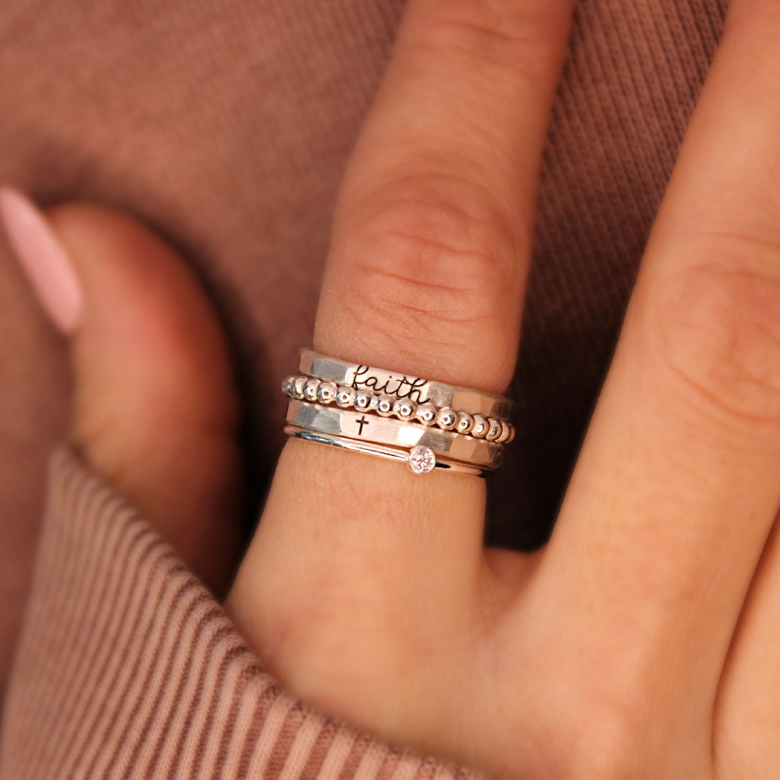 Faith Stacked Ring Set Gift Cross Stacking Rings Baptism Etsy