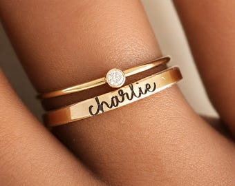 Personalized Birthstone Name Ring Set | Sterling Silver, Gold, Rose Stackable Jewelry for Mom, Gift for Her, Custom Name and Birthstone Ring