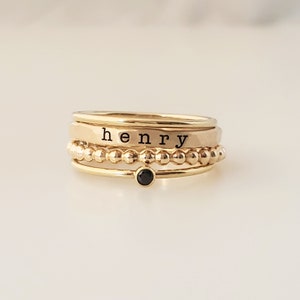 Personalized 14k Gold Filled Name Rings | Stackable Mom Rings | Custom Engraved, Birthstone & Beaded Bands | Mother's Day Gift Jewelry