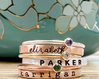 Name Rings | Personalized Jewelry | Mixed Metals | Rose Gold Rings for Women | Stackable Rings | Stacking Name Rings | Birthstone Jewelry