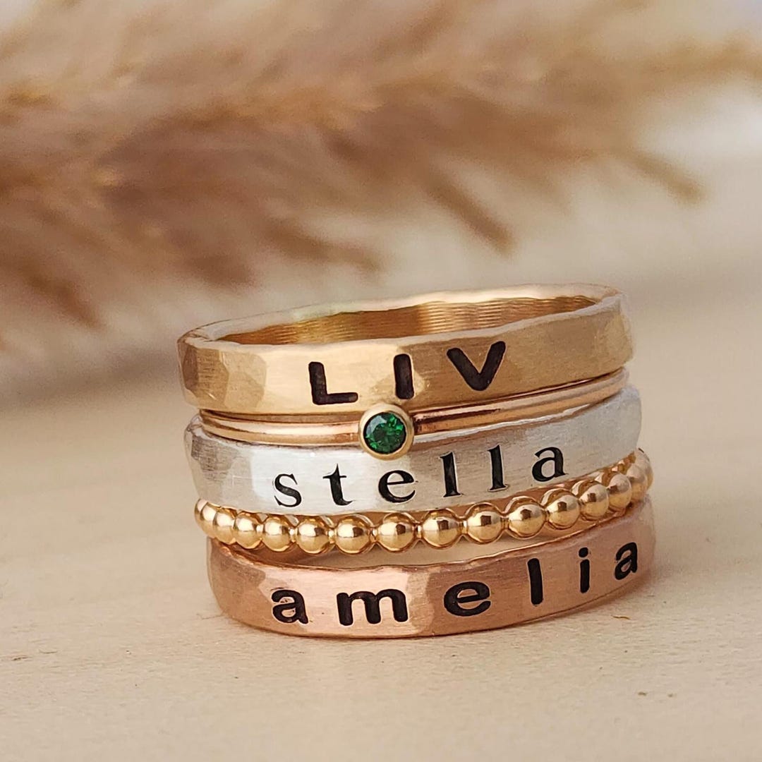 Etsy Name Rings Stackable Personalized Name Ring Set | Mixed Metal Stacking Rings With Birthstone ...