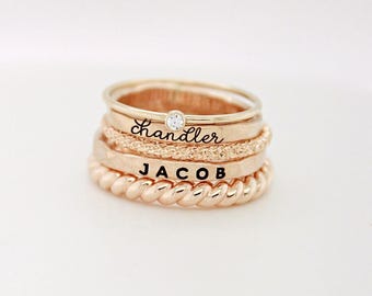Custom Name Rings, Personalized Stacking in Gold Filled & Silver