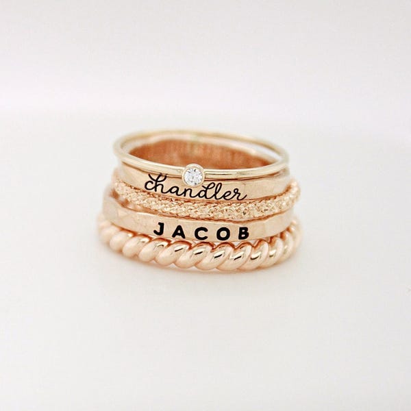 Custom Name Rings, Personalized Stacking in Gold Filled & Silver