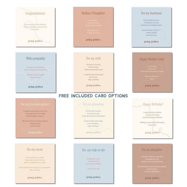 Nine rectangular cards with various messages like "For my wife" and "Happy Mother's Day!" are arranged in three rows on a white background.