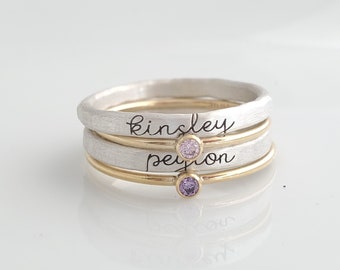 Stackable Rings | Custom Name Rings | Cursive Name Rings | Stackable Name Rings | Personalized Jewelry | Name and Birthstone Rings