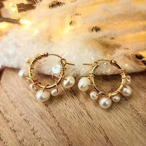 Pearl Hoop Handmade Earrings, Gold and Pearl Earrings, Freshwater Pearl Earrings, Wire-Wrapped Jewelry, Gift for Mom, Mother&#39;s Day Earrings