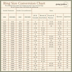 May include: A ring size conversion chart with measurements in millimeters and inches. The chart includes US and Canadian, British and Australian, French and Russian, German, and Japanese ring sizes.