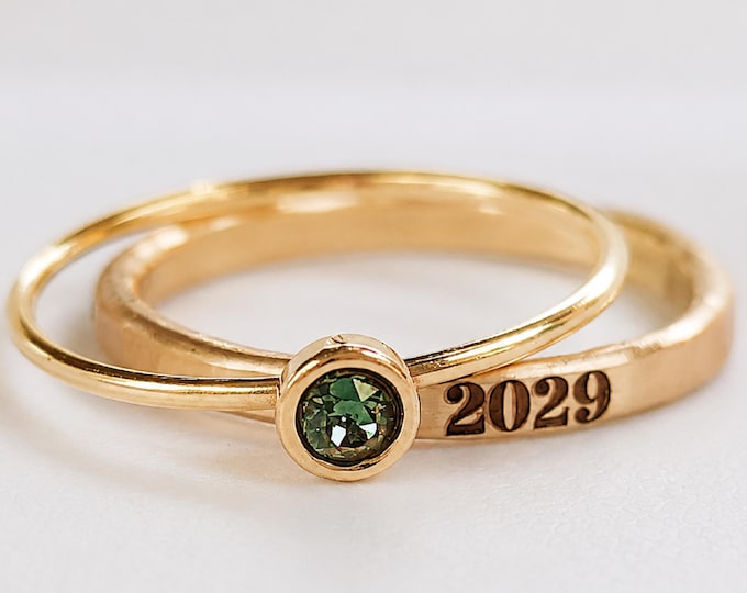 Gold Filled Custom Graduation Ring Set | Engraved Year 2027 & Birthstone Stacking Jewelry | High School College Graduation Gift