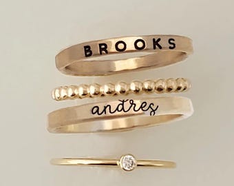 Personalized name ring set, 14k gold filled stacking rings for moms, engraved jewelry, custom birthstone rings, gift for her, mother jewelry