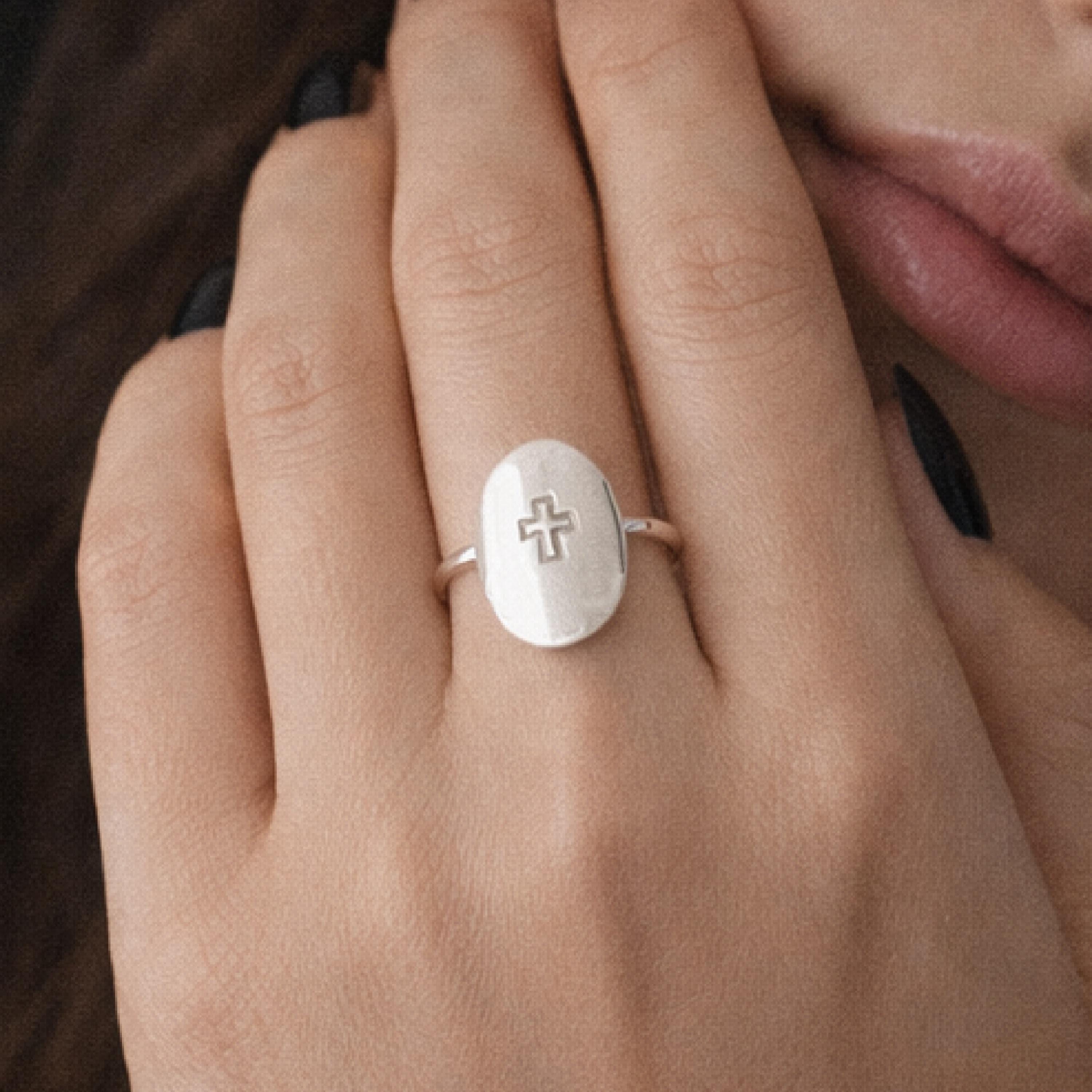 Personalized Oval Cross Ring – Name or Date Ring, Baptism Gift ...