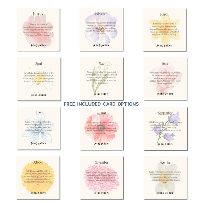 A grid of 12 birth month cards, each with a gem, flower, and text describing the month's characteristics, on a white background.