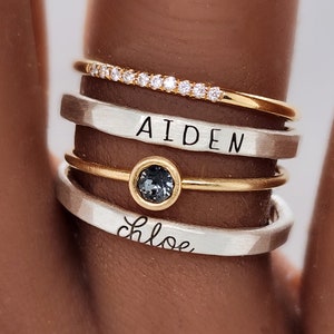 Stackable Rings | Personalized Name Rings | Mixed Metals Ring Set | Name Rings | Children&#39;s Names Jewelry | Mother&#39;s Ring | the Athena