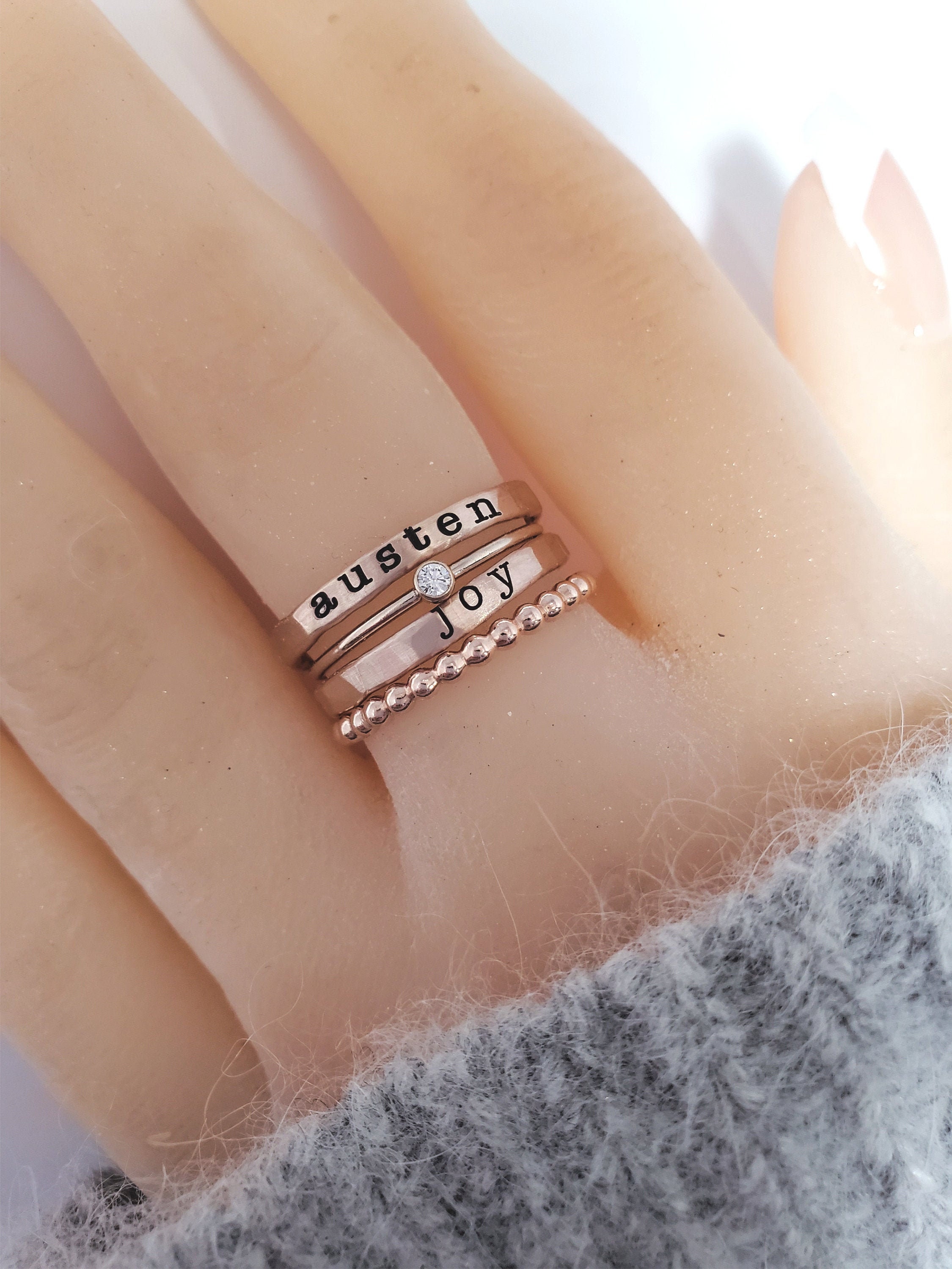 Engraved Name Rings with Birthstone in Silver Rose Gold Women Custom 6