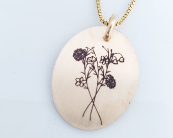 Bouquet Birth Flower Necklace | Oval Disc | Oval Necklace | Flower Necklace | Birth Month | Birthday Jewelry | Mom Jewelry | Flower Necklace